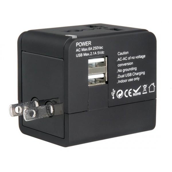 Dual USB Universal World Travel Power Adapter (Black)